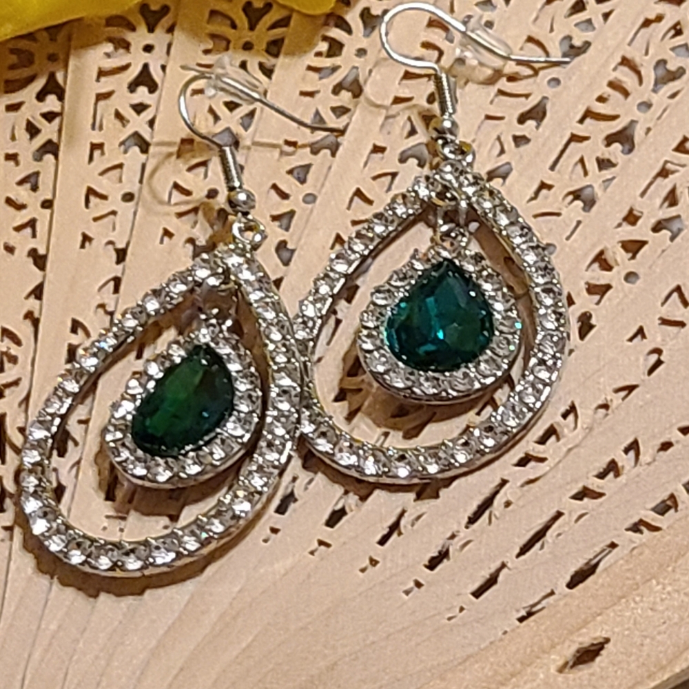 Unique Vintage Silver and Green Teardrop Earrings